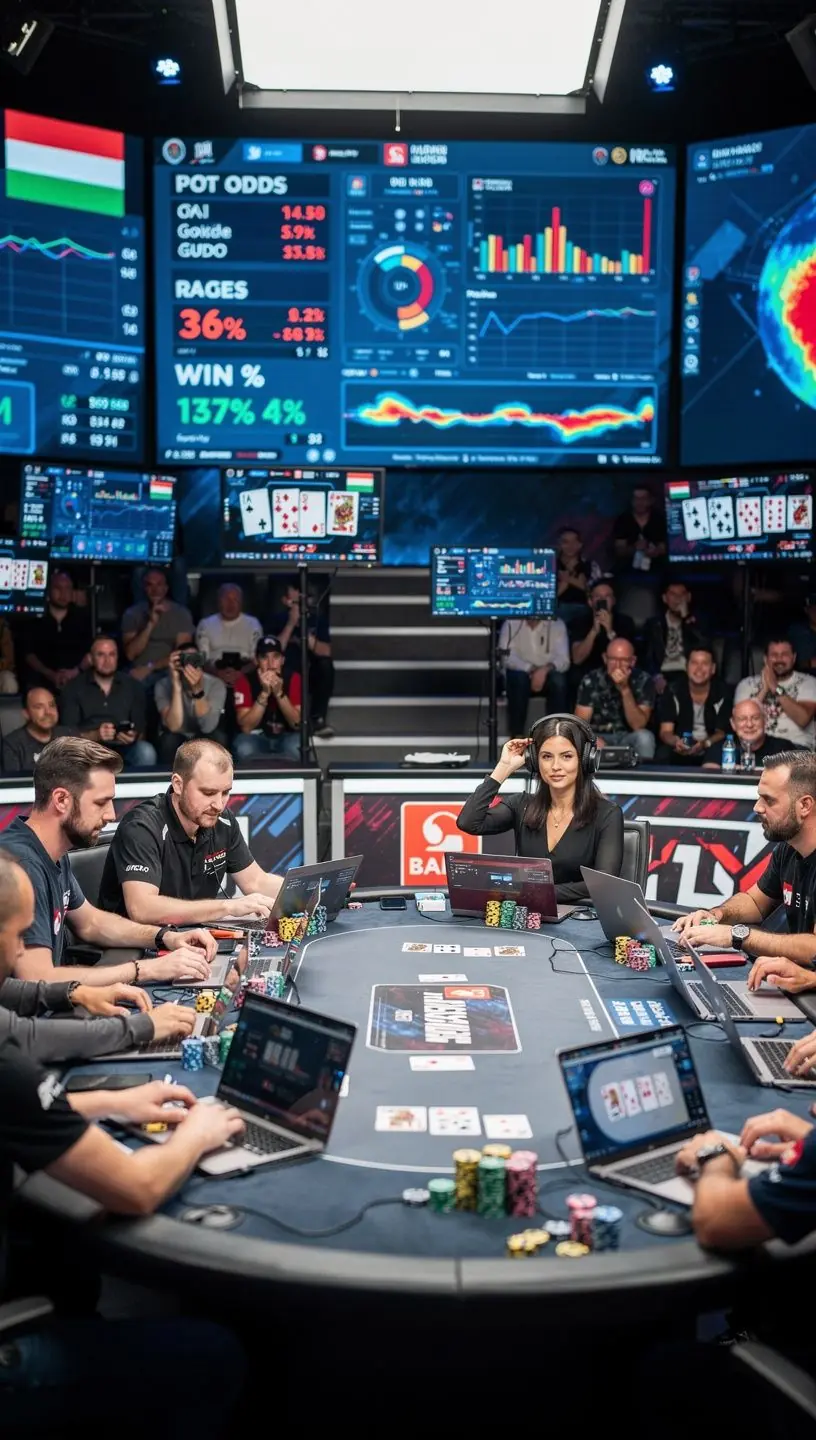 Egy virtuális pókerterem képe, ahol több játékos játszik egy no limit holdem tornán.