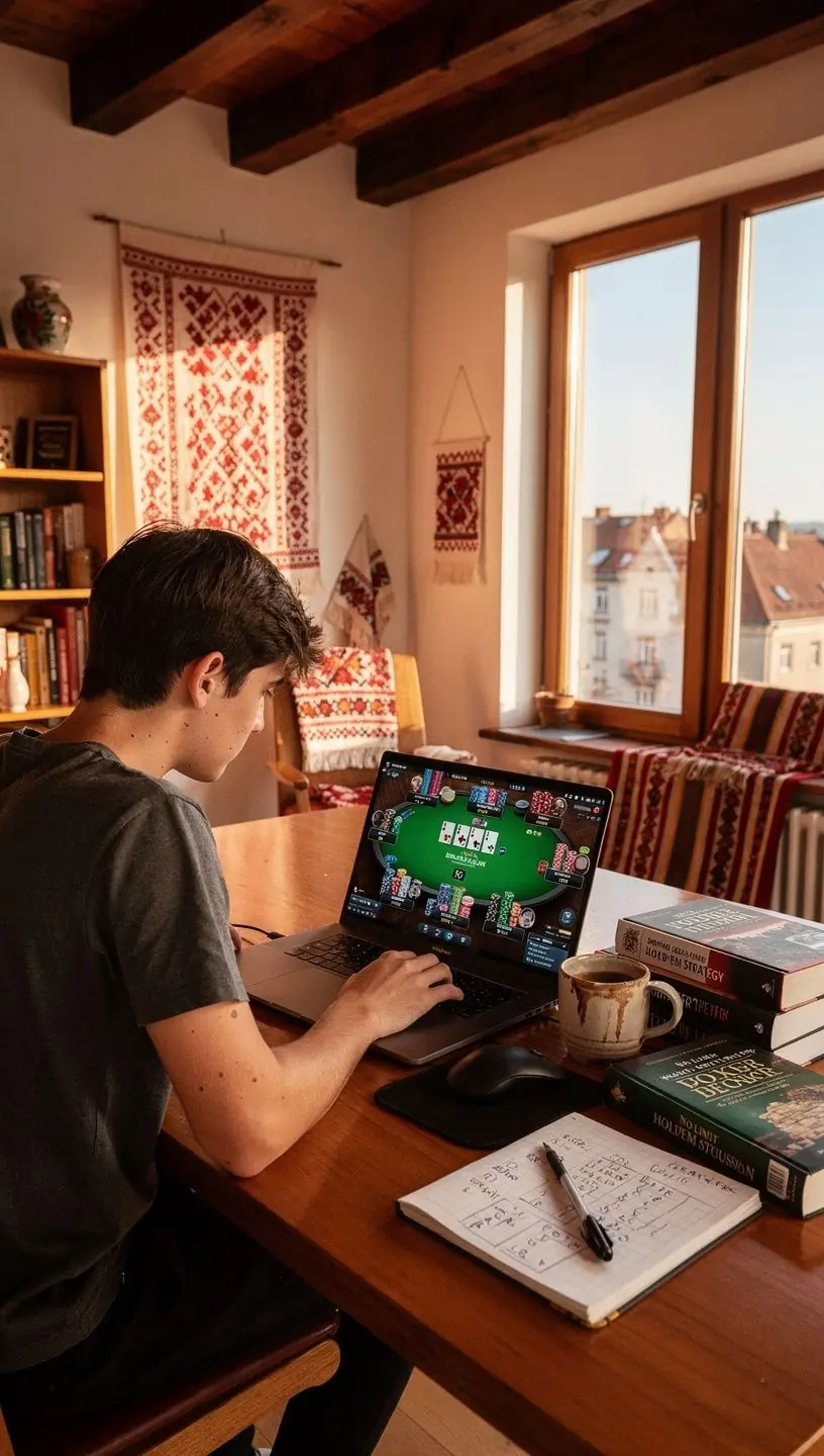 Egy virtuális pókerterem képe, ahol több játékos játszik egy no limit holdem tornán.