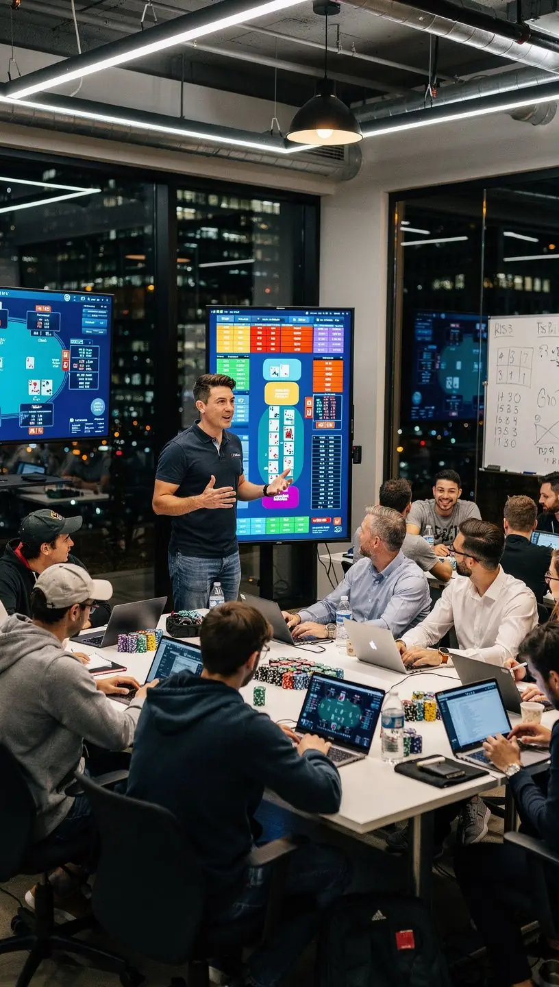 Egy virtuális pókerterem képe, ahol több játékos játszik egy no limit holdem tornán.