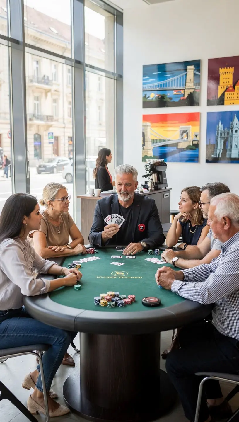 Két játékos, akik egy online pókerasztalnál ülnek, figyelmesen nézik a lapjaikat.